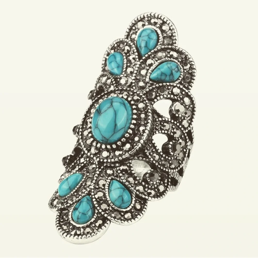 Silver toned BOHO peacock ring with Faux Turquoise Stones - Size 8